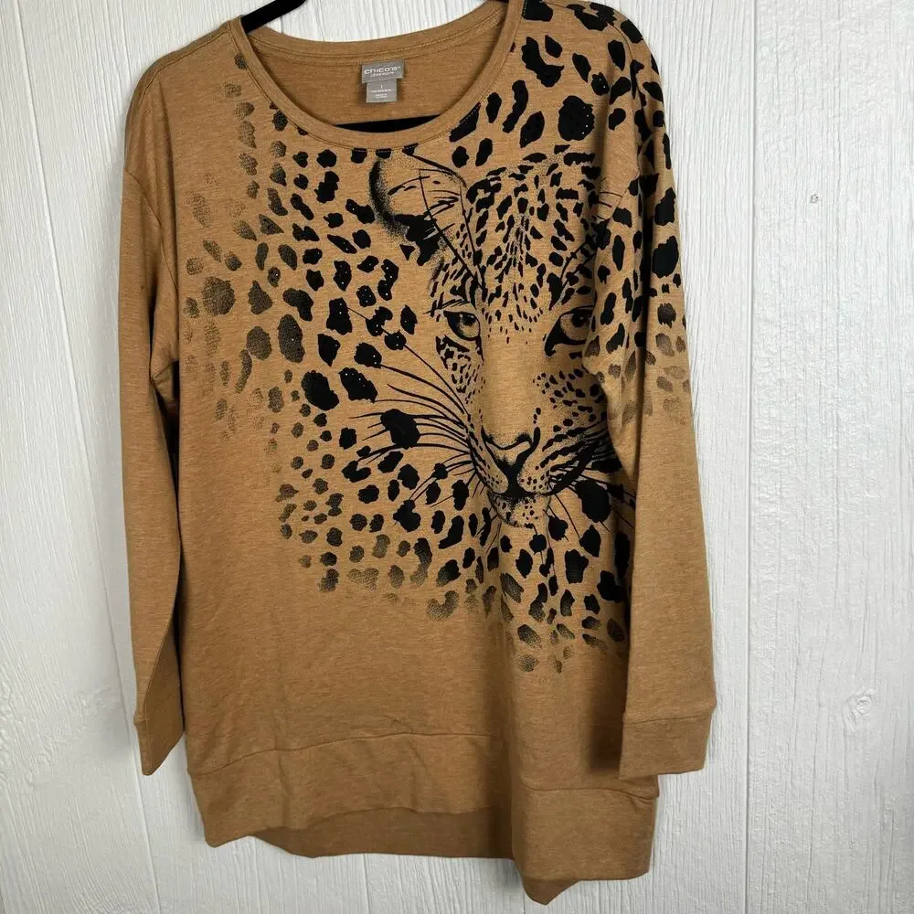 Chico's Zenergy Cheetah Print Head Face Sweater Size 1 or U.S. 8/10 Crew Neck